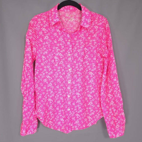 Lilly Pulitzer Sea View 100%‎ LINEN Button Down Top Size XS Pink Gingham Floral - Picture 4 of 13